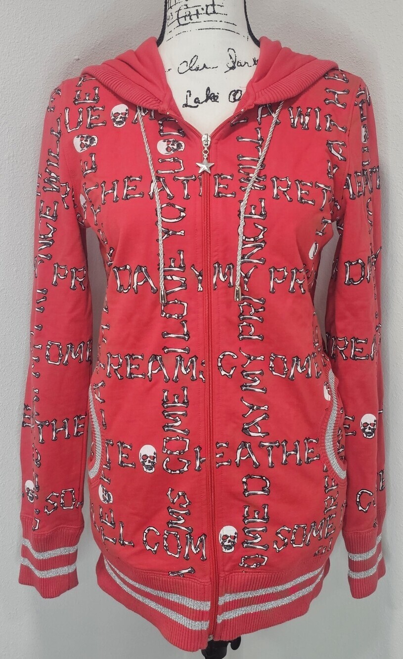 Vintage Rare Heatherette Red Skull Bones Full Zip Up Hooded Sweatshirt Med Y2K